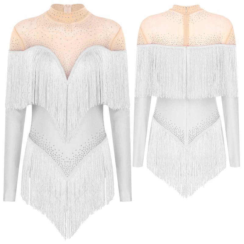 Damen Quaste Latein Tango Cha-Cha Jazz Ballett Tanz Trikot Künstlerische Gymnastik Jazz Dancewear Strass Splice Body Unitard M weiß von Joom DACH