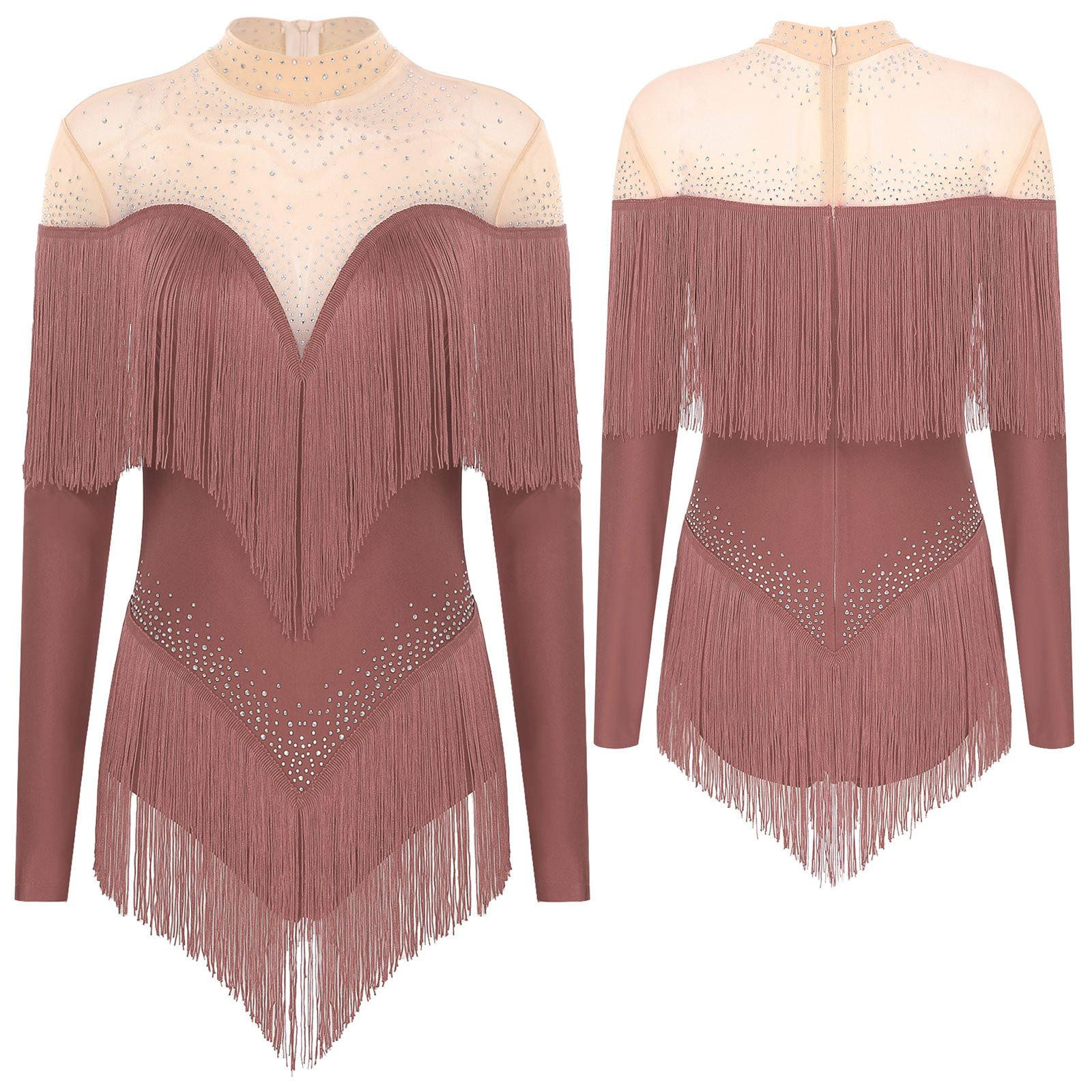 Damen Quaste Latein Tango Cha-Cha Jazz Ballett Tanz Trikot Künstlerische Gymnastik Jazz Dancewear Strass Splice Body Unitard S hellbraune von Joom DACH