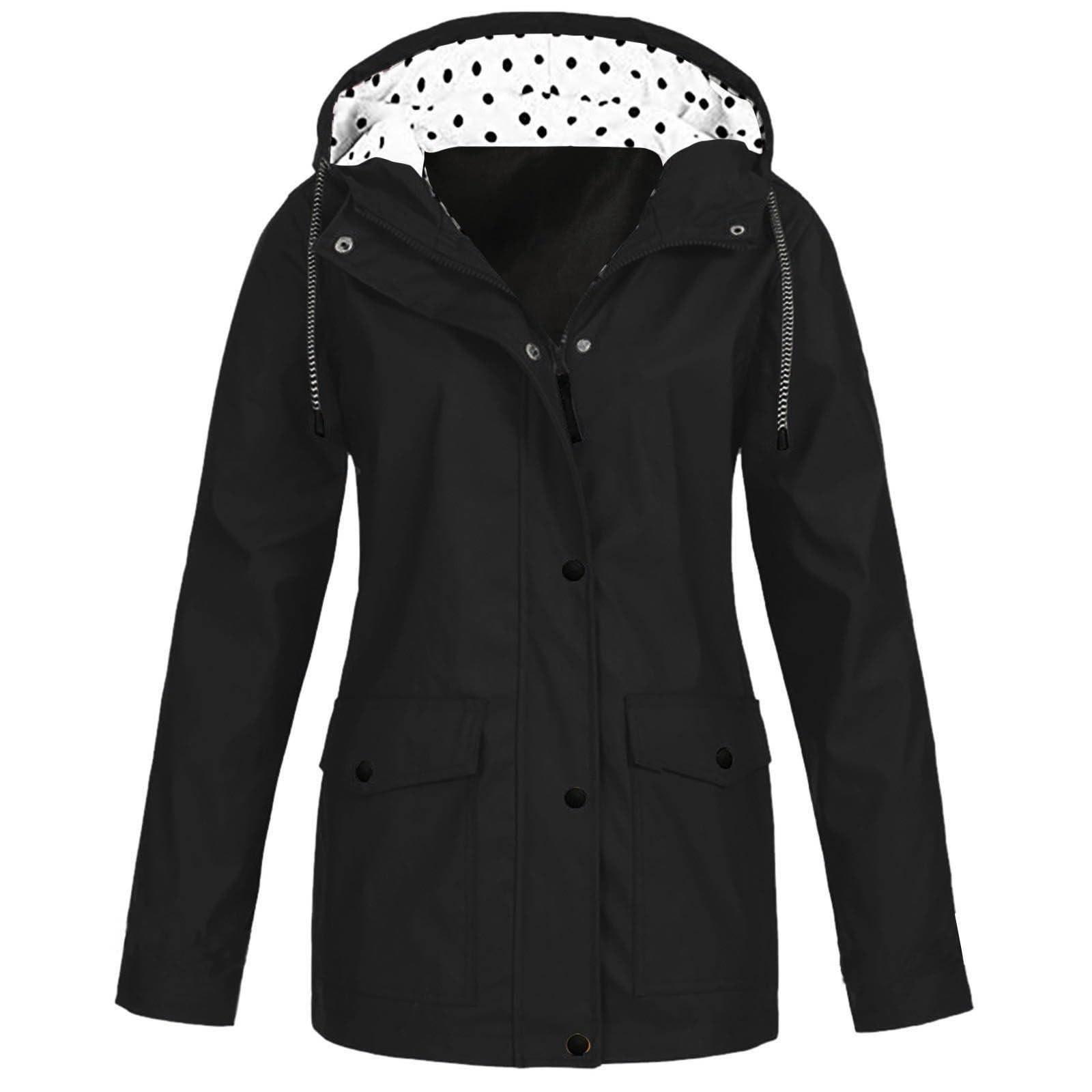 Damen-Regenmäntel mit Kapuze, leichte Outdoor-Kapuze, wasserdichter Windjacke, solide Trenchcoat-Jacke in Übergröße XXXXL schwarz von Joom DACH