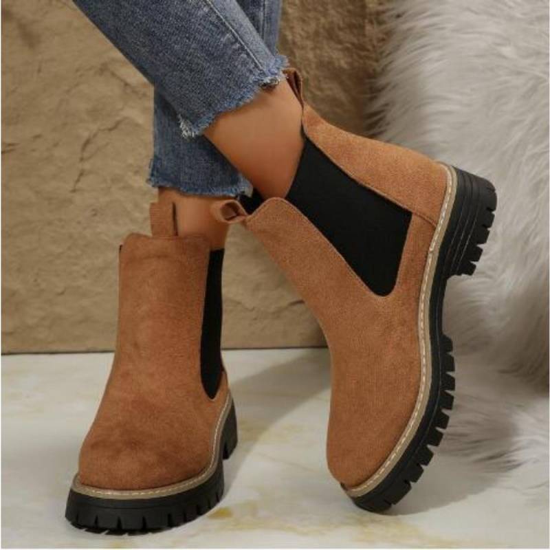 Damen Reine Schwarze Dicke Niedrige Absatz Rutschfeste Dickbesohlte Mokassin Stil Kurze Stiefel - Rundköpfiges Einfarbiges Set, Kaltes Wetter und Nasse Böden 38 braun von Joom DACH