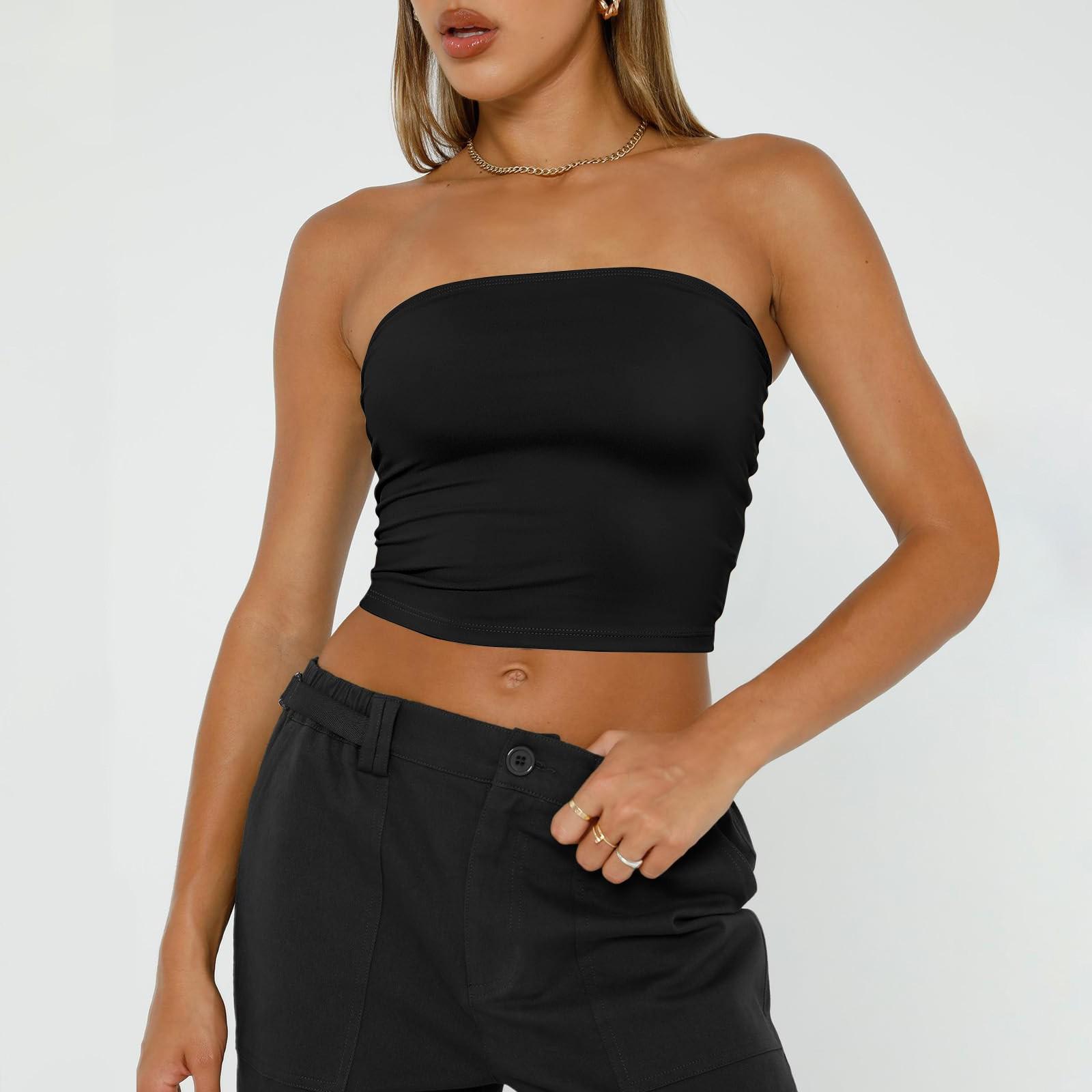Damen-Röhrenoberteile, trägerlos, bauchfrei, Basic, rückenfrei, ärmellos, Bandeau, niedliche Sommer-Outfits, sexy, solide Oberteile M schwarz von Joom DACH