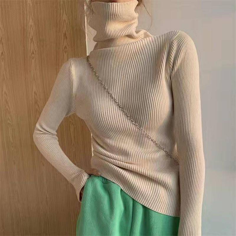 Damen Rollkragenpullover mit hohem Kragen, Herbst- und Winterpullover, schlanker Pullover für Damen, Basic-Oberteile, weicher Strickpullover, weicher, warmer Pullover XXL beige von Joom DACH
