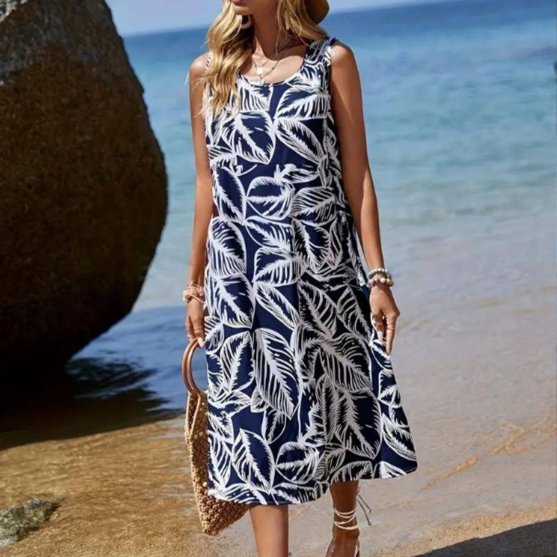 Damen Rosenblume Fake Zweiteiler Mode Streifen Bedruckt Ärmellos Rundhalskleid Locker Weich und Bequem Übergröße Kleid 3XL blau von Joom DACH