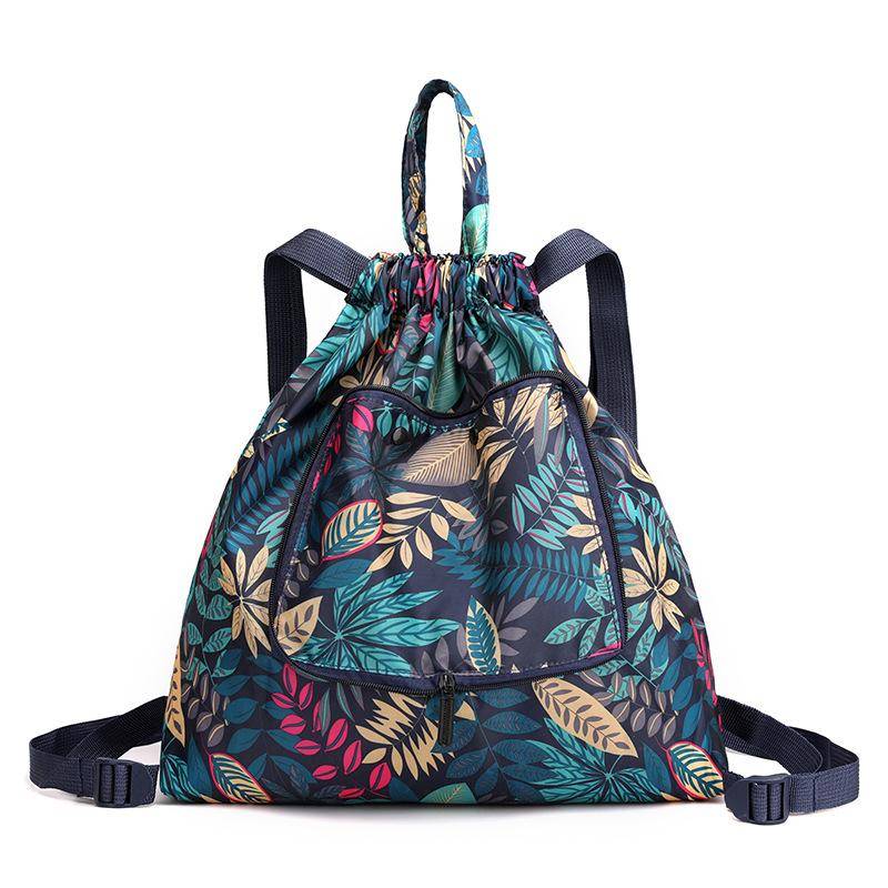 Damen-Rucksack mit Kordelzug, bedruckter Rucksack aus Nylongewebe, faltbare Kordelzugtasche, florale Stofftasche für Frauen laubgrün von Joom DACH