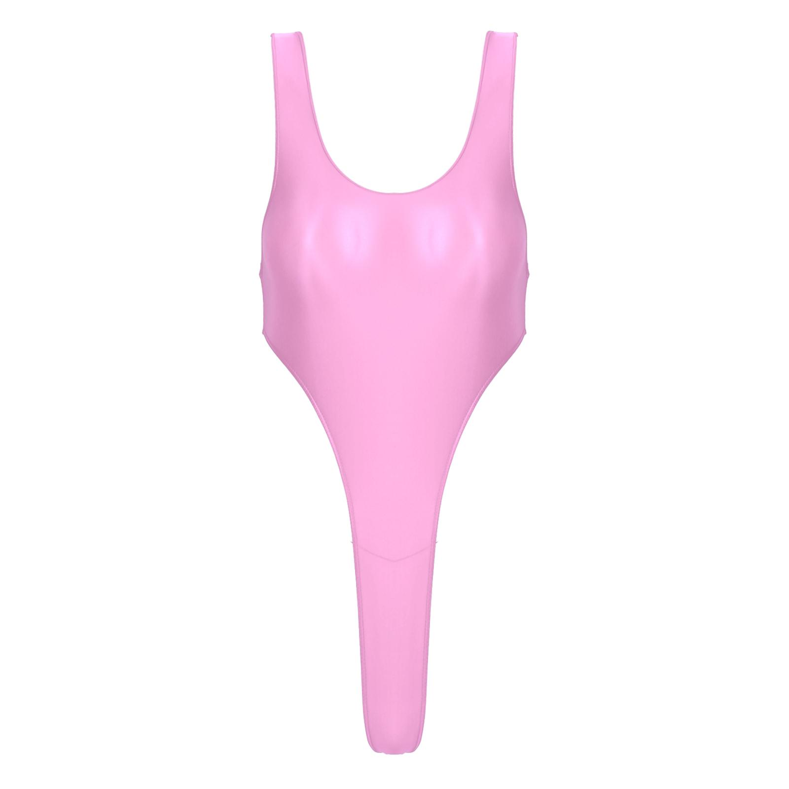 Damen Rückenfreier Einteiliger Badeanzug aus Glänzendem Stoff mit Hochgeschnittenem Beindesign für Strand- oder Poolpartys L rosa von Joom DACH