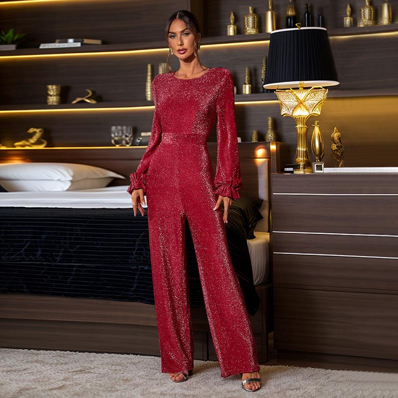 Damen Rückenfreier Pailletten-Jumpsuit Retro Temperament High-Waist Slim Jumpsuit S rot von Joom DACH