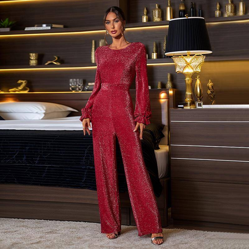 Damen Rückenfreier Pailletten-Jumpsuit Retro Temperament High-Waist Slim Jumpsuit S rot von Joom DACH