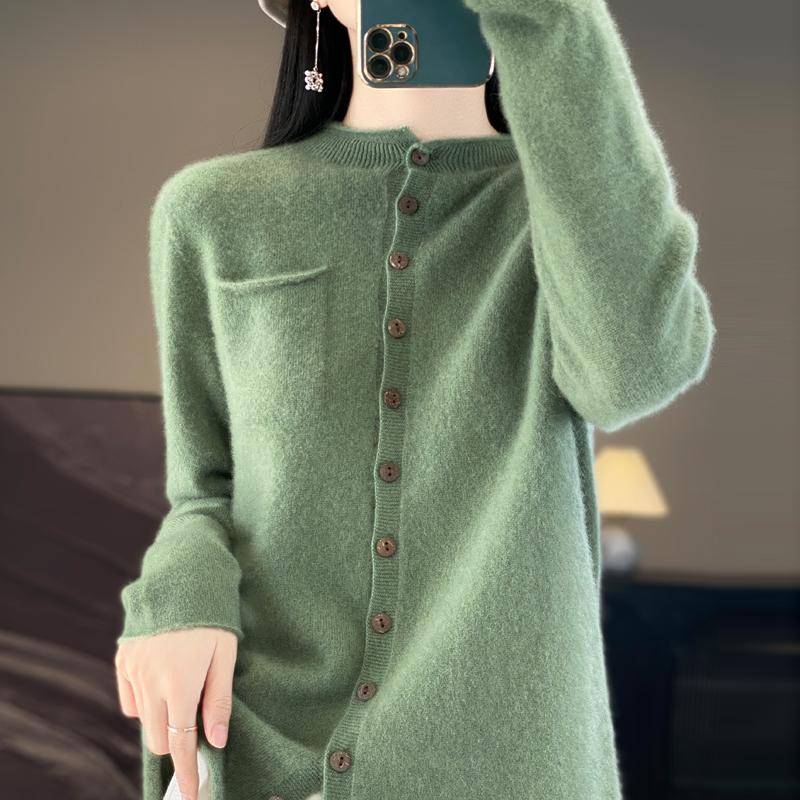 Damen Rundhals Kaschmir Strickjacke, Qinghe Kaschmir, 30% Kaschmir 70% Wolle, Winter Strickpullover Herbstpullover Kaschmirpullover XL olivgrün dunkel von Joom DACH