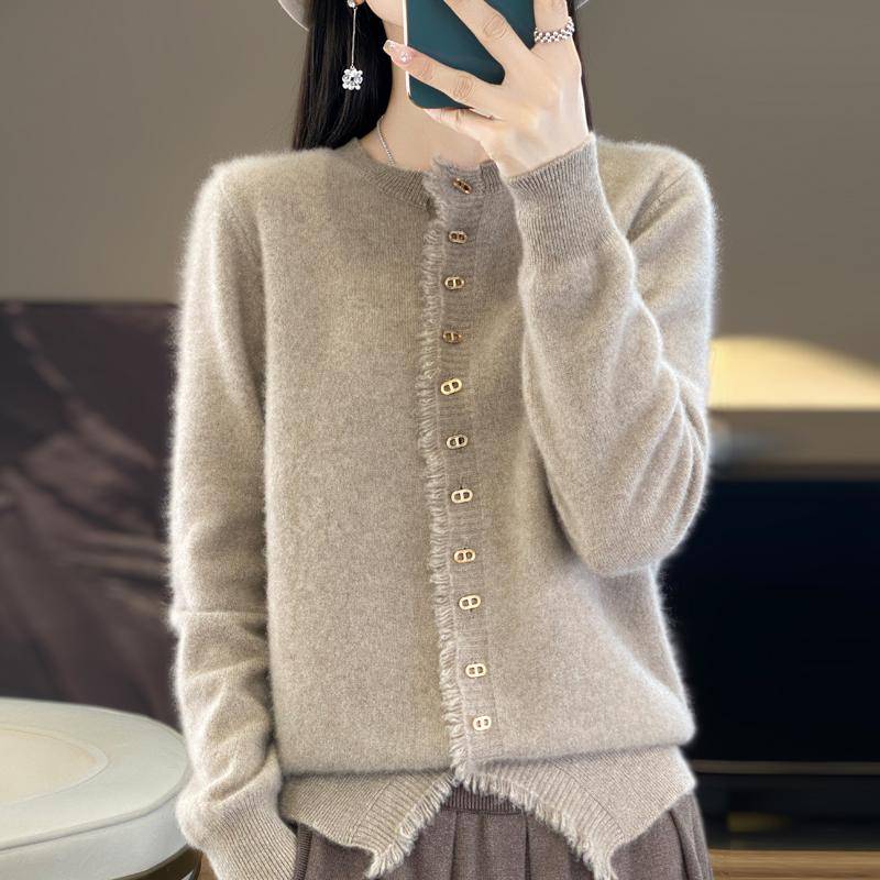 Damen Rundhals Kaschmir Strickjacke, Qinghe Kaschmir, 30% Kaschmir 70% Wolle, Winter Strickpullover Herbstpullover Kaschmirpullover XXL braun von Joom DACH