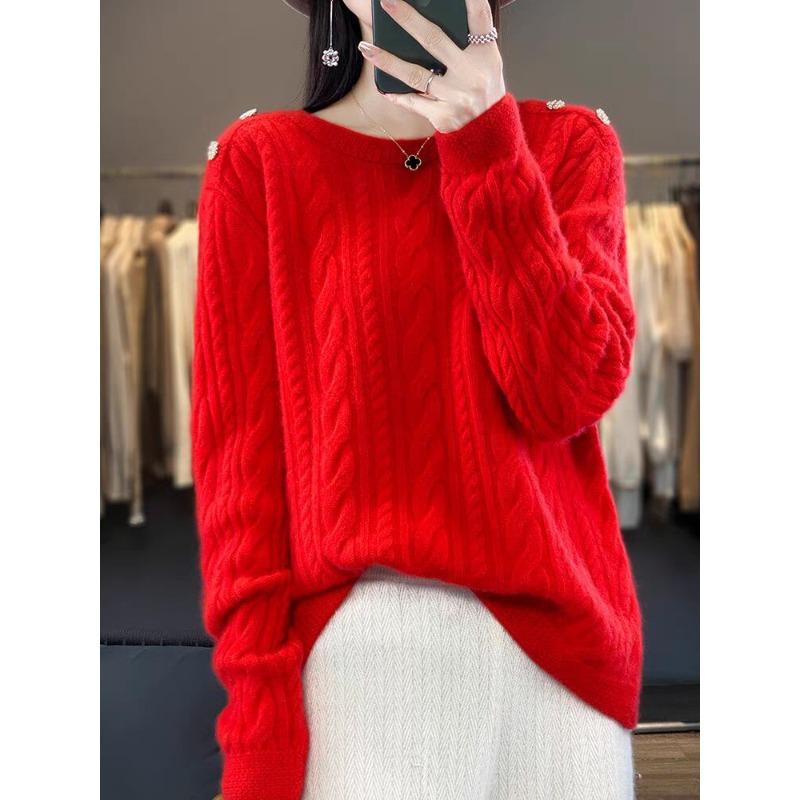 Damen Rundhals Locker Verzwirbeltes Blume Einfarbig Pullover Herbst und Winter Neuer Stil Zopfmuster Verdickt Gestrickt Basis XXL von Joom DACH