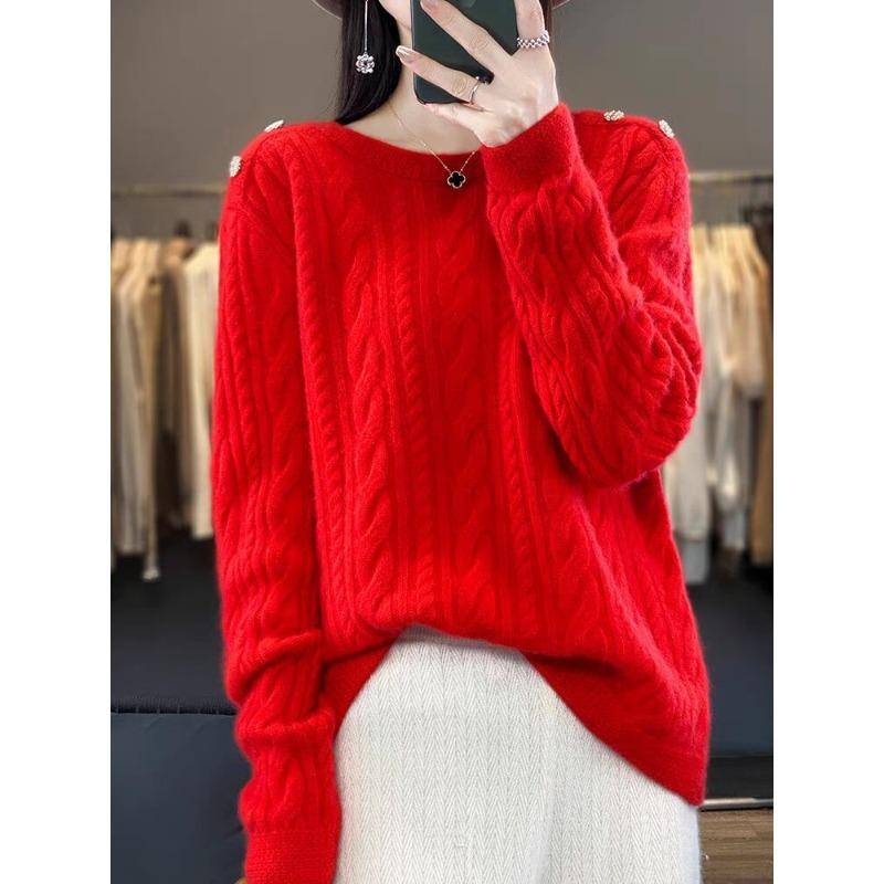 Damen Rundhals Locker Verzwirbeltes Blume Einfarbig Pullover Herbst und Winter Neuer Stil Zopfmuster Verdickt Gestrickt Basis XXL von Joom DACH