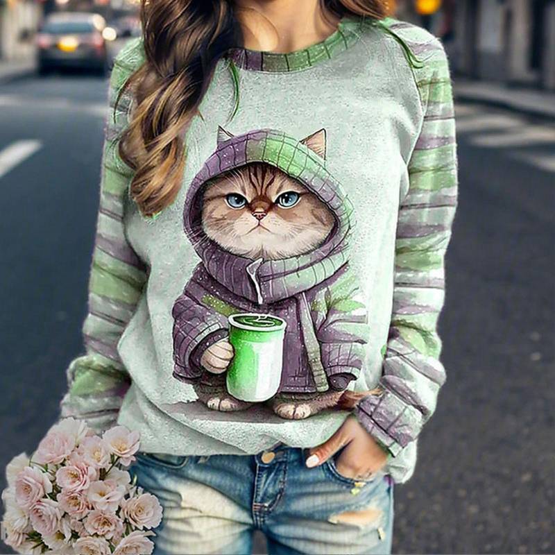 Damen Rundhalsausschnitt Gestreifter Katzen-Raglan-Langarm-Grafikdruck-Pullover Lässiger V-Ausschnitt Damen-T-Shirt-Pack Damen-Oberhemd-Knopf 6XL von Joom DACH