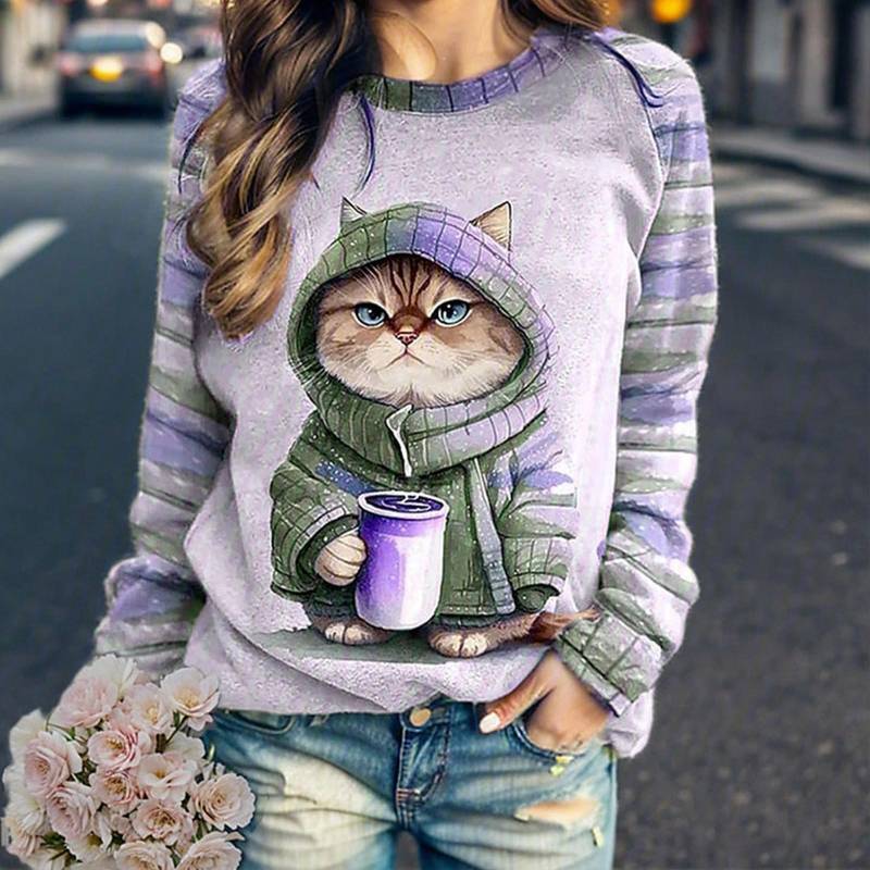 Damen Rundhalsausschnitt Gestreifter Katzen-Raglan-Langarm-Grafikdruck-Pullover Lässiger V-Ausschnitt Damen-T-Shirt-Pack Damen-Oberhemd-Knopf 8XL von Joom DACH