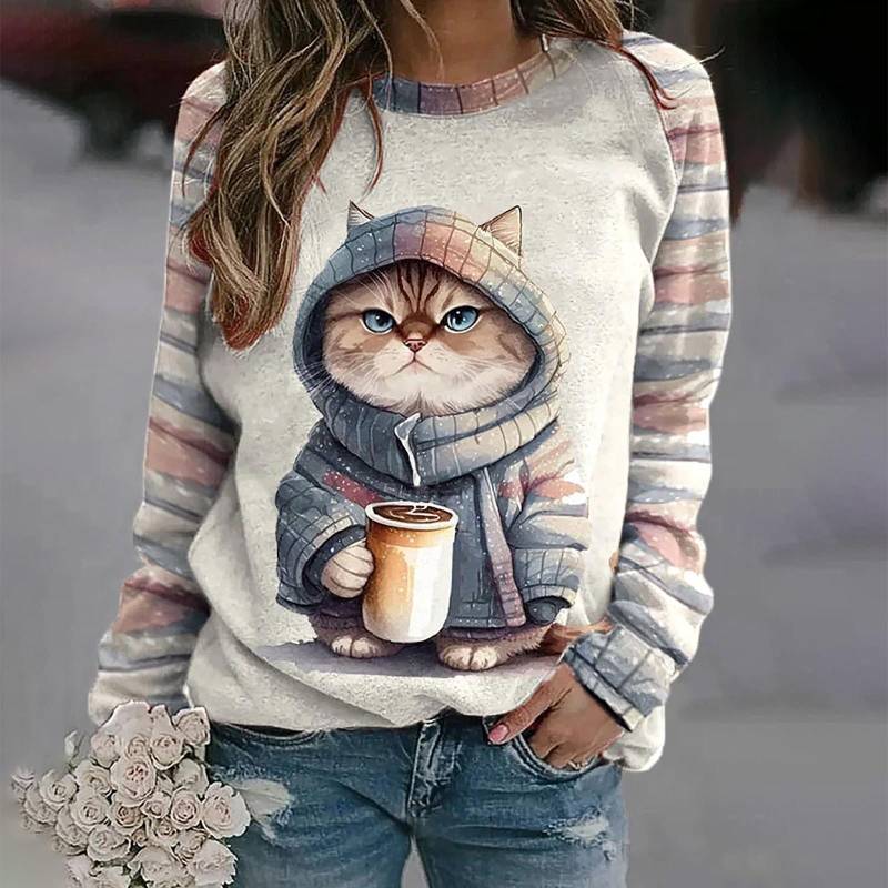 Damen Rundhalsausschnitt Gestreifter Katzen-Raglan-Langarm-Grafikdruck-Pullover Lässiger V-Ausschnitt Damen-T-Shirt-Pack Damen-Oberhemd-Knopf XXL von Joom DACH