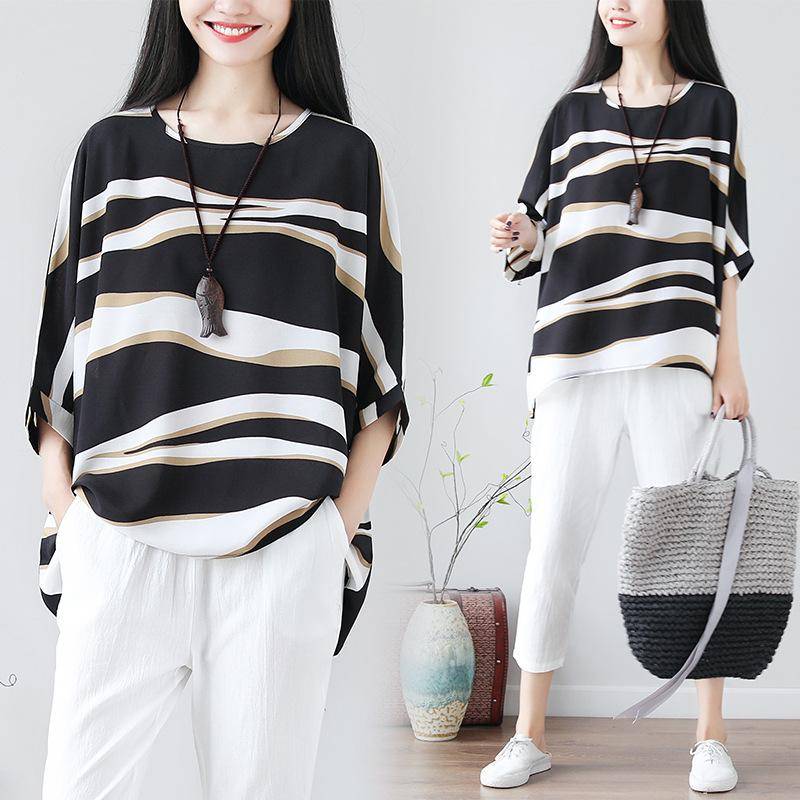 Damen Rundhalsblusen Übergröße Halbarm Baggy Tops Sommer Streifen Colorblock Shirts Lässig Locker Urlaub Blusen XXL von Joom DACH