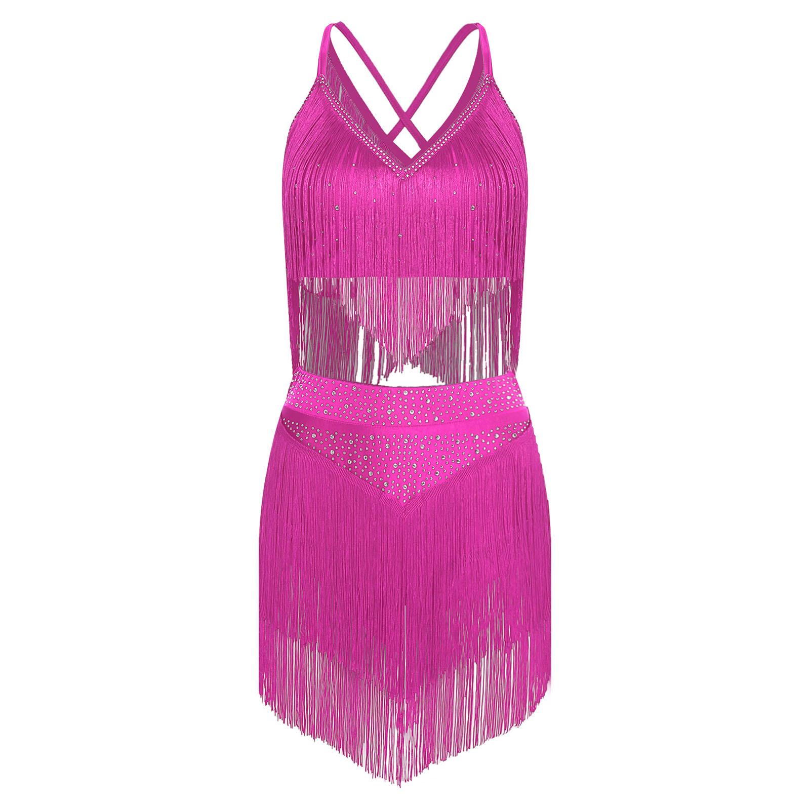 Damen Salsa Tanzkostüm V-Ausschnitt Ärmellos Überkreuzter Rücken Fransen Crop Top Stufenrock mit Quasten S heißes rosa von Joom DACH