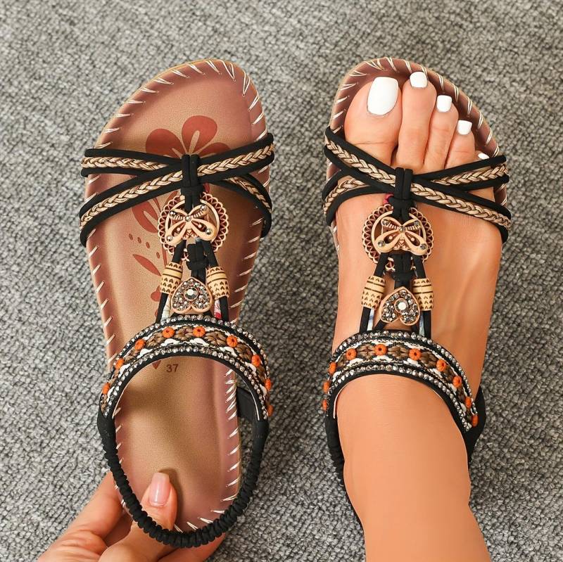 Damen Sandalen Bohemian Große Größe Blumen Strass Sandalen Offene Zehen Strandsandalen 38 hellbraun von Joom DACH