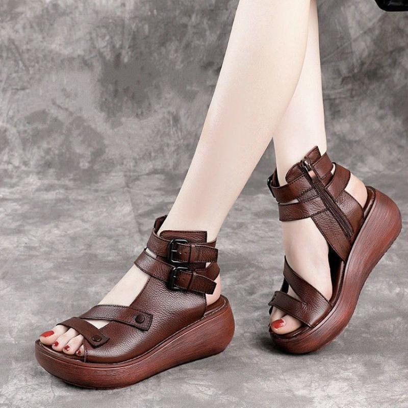 Damen Sandalen Sommer 2024 Mittelhoher Keilabsatz Schuhe für Damen Retro Leder Gladiator Sandalen Plateau Rom Sandalias De Mujer 39 braun von Joom DACH