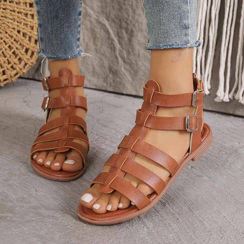Damen Sandalen Sommer Elegante Low Heels Flats Casual Gladiator Weiß Fish Toe Sandalen Schuhe 39 braun von Joom DACH