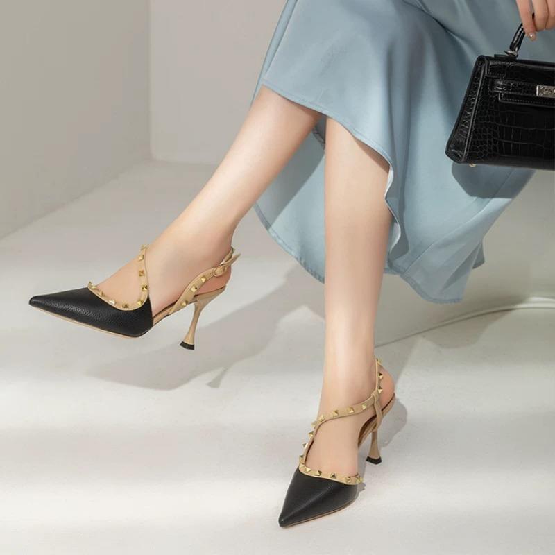 Damen Sandalen Sommer Neu High Heel Spitzkopf Nieten Schnalle Pantoletten Lässig Temperament Feiner Absatz Sandalen 42 schwarz von Joom DACH