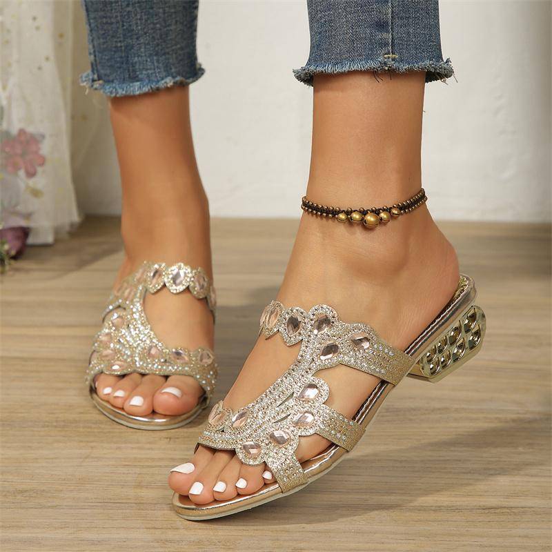 Damen Sandalen Sommer Strass Hausschuhe Damen Chunky Heels Hohl Casual Hausschuhe Mode Strand Schuhe Frau De Mujer 38 von Joom DACH