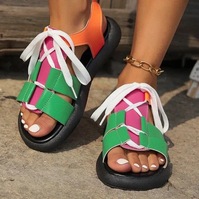 Damen Sandalen mit Plateausohle, lässige Strandschuhe, Sommertrend, Schnürschuhe, Sport-Hausschuhe, Wander-Flip-Flops, Femme Slides 39 von Joom DACH