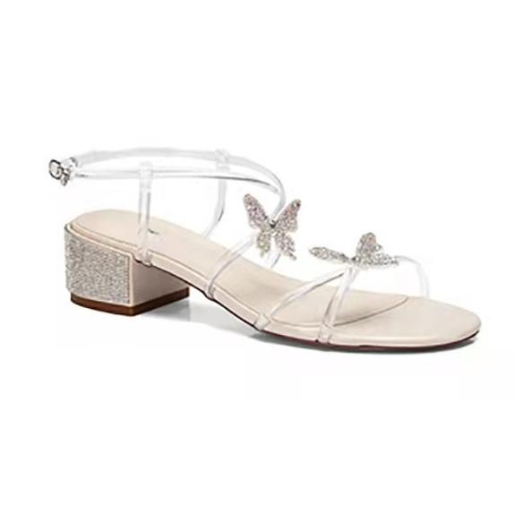 Damen Sandalen mit dicken Absätzen und Diamanten, runde Zehenpartie, Schmetterlings-High-Heels, Strass, rutschfeste Sandalen mit weicher Sohle 40 beige von Joom DACH