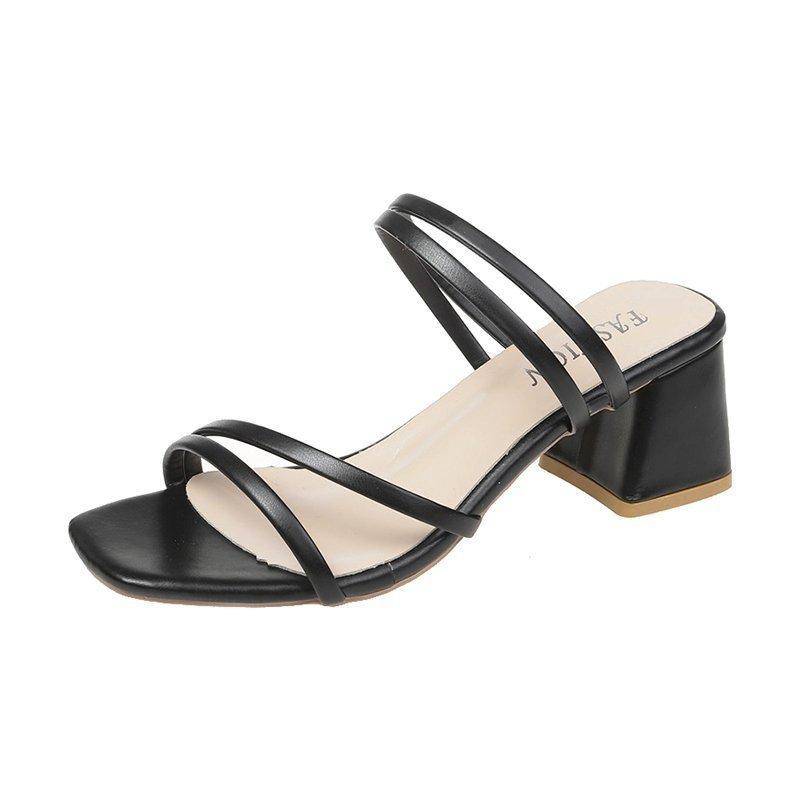 Damen Sandalen mit quadratischen Absätzen, elegante Sommer-Hausschuhe, außen gekreuzt, Leder, weibliche Slides, modische Damen-Sandalen 34 schwarz von Joom DACH