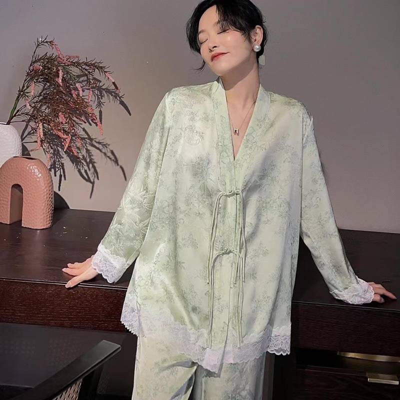 Damen Satin Pyjama Set Langarm Frühling Herbst Damen Pyjama Set 2 Stück Seidiges Spitzen Pyjama Set mit Hose für Damen XL grün von Joom DACH
