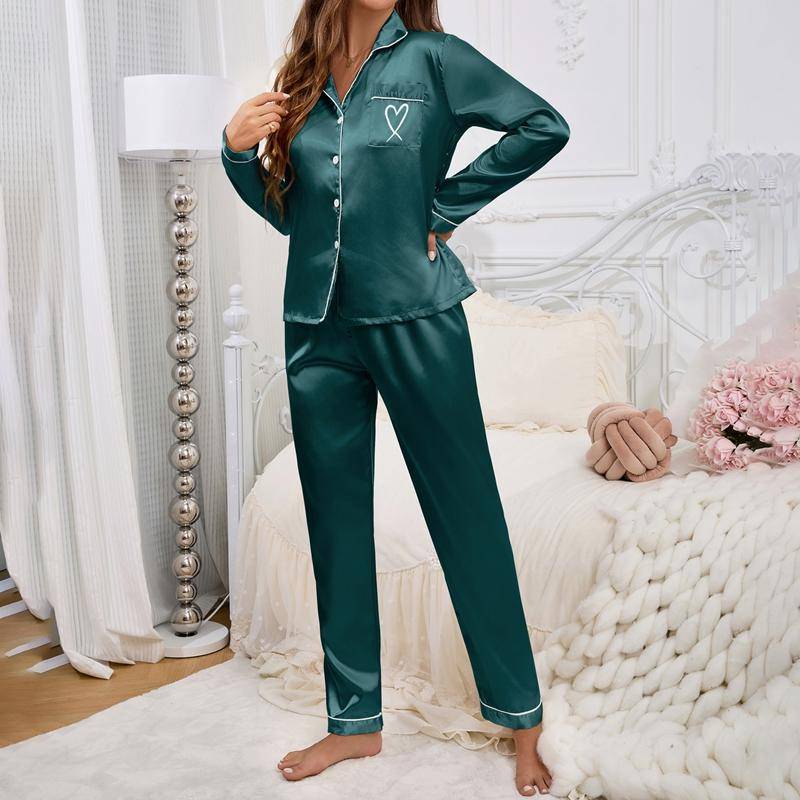 Damen Satin Pyjama Set Tasche Herzförmige Stickerei Langarm Knöpfe Revers Oberteile Elastische Hose Loungewear Pyjama Damen XL dunkelgrüne von Joom DACH