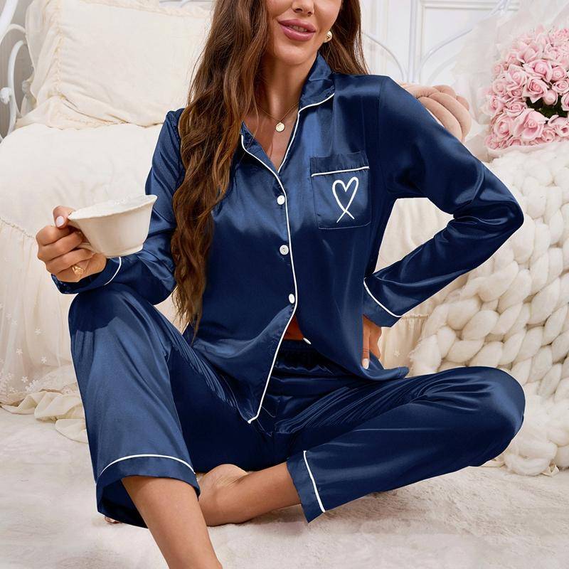 Damen Satin Pyjama Set Tasche Herzförmige Stickerei Langarm Knöpfe Revers Oberteile Elastische Hose Loungewear Pyjama Damen XL navy blau von Joom DACH
