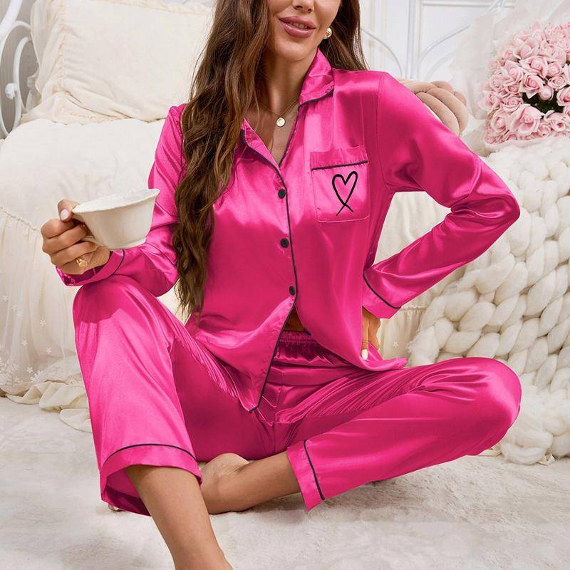 Damen Satin Pyjama Set Tasche Herzförmige Stickerei Langarm Knöpfe Revers Oberteile Elastische Hose Loungewear Pyjama Damen XL rose rot von Joom DACH