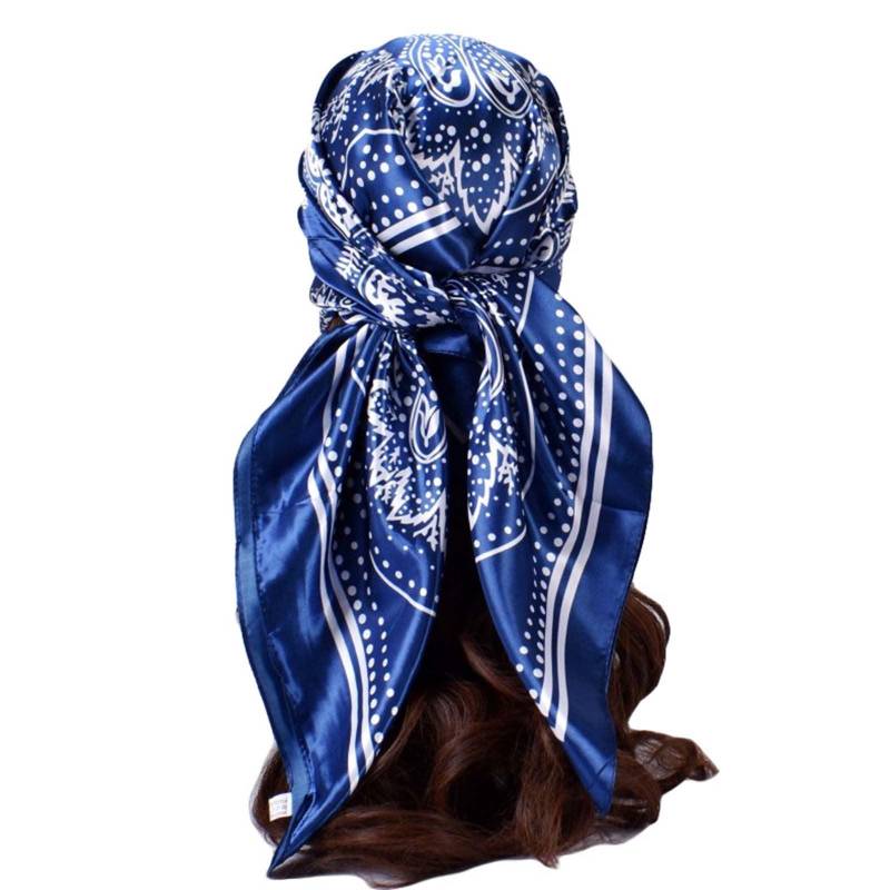 Damen-Satin-Quadrat-Seiden-ähnliche Haarschals, Wickel-Kopftuch zum Schlafen, 90 cm, quadratischer Seidenschal, Handblumen-Turban-Schal One Size dunkelblau von Joom DACH