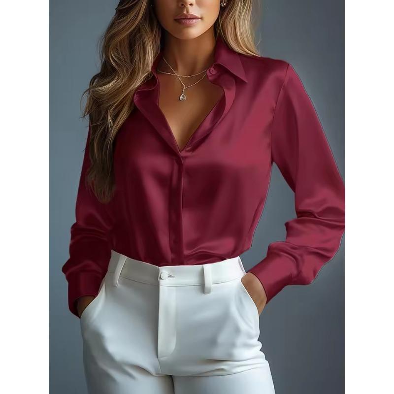 Damen Satinhemden Elegant Schlicht Langarm Bluse Büro Dame Knopfleiste Hemd Oberteil Herbst Weiblich Rundhals Shirts Bluse M bordeaux von Joom DACH
