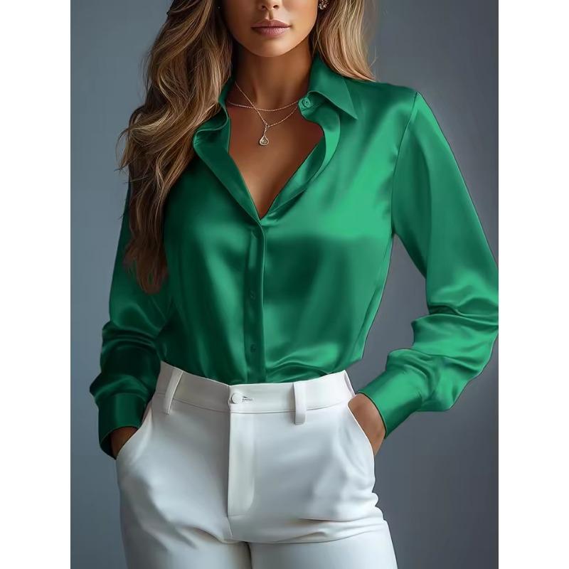 Damen Satinhemden Elegant Schlicht Langarm Bluse Büro Dame Knopfleiste Hemd Oberteil Herbst Weiblich Rundhals Shirts Bluse M grün von Joom DACH