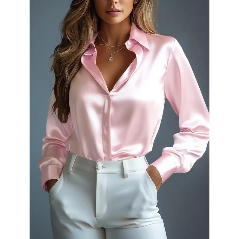 Damen Satinhemden Elegant Schlicht Langarm Bluse Büro Dame Knopfleiste Hemd Oberteil Herbst Weiblich Rundhals Shirts Bluse M rosa von Joom DACH