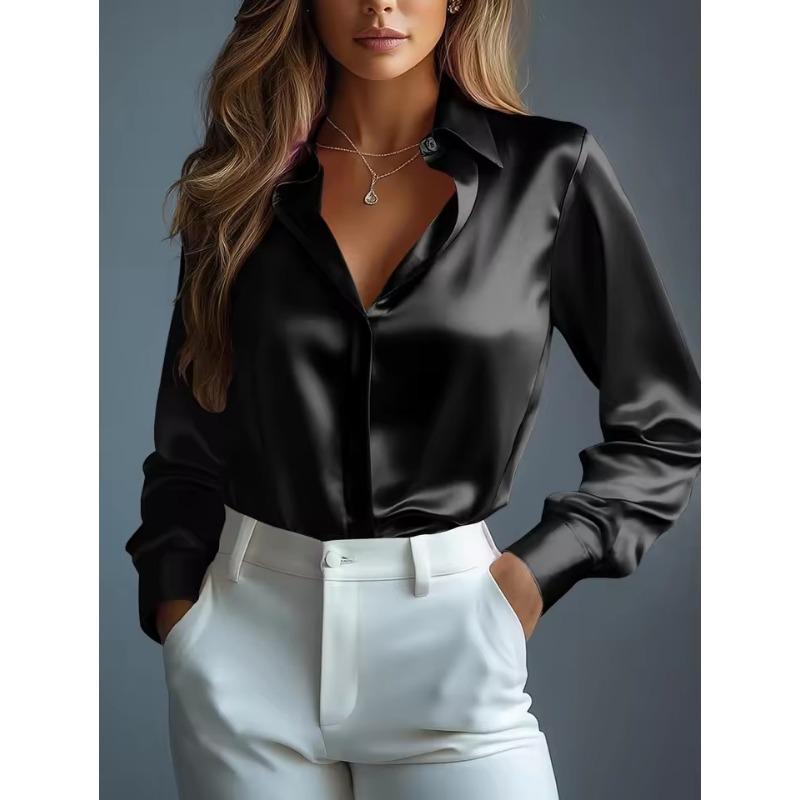 Damen Satinhemden Elegant Schlicht Langarm Bluse Büro Dame Knopfleiste Hemd Oberteil Herbst Weiblich Rundhals Shirts Bluse M schwarz von Joom DACH