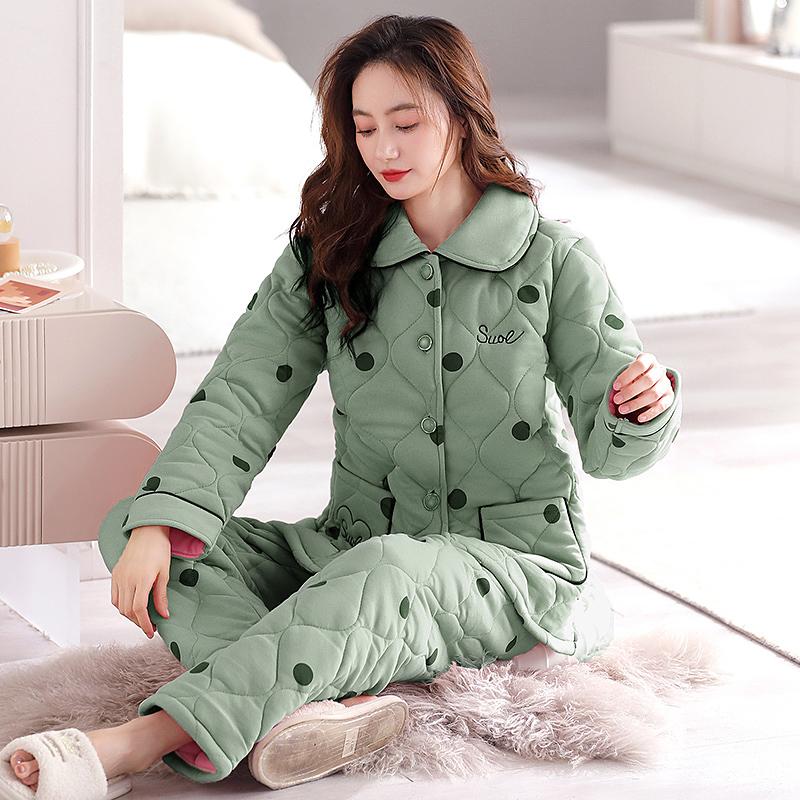 Damen-Schlafanzug, Winter, Plüsch und Baumwolle, Strickjacke, kariert, dreilagig, dicke Baumwolle, Isolationsset für Zuhause 3XL von Joom DACH