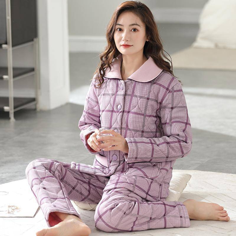 Damen-Schlafanzug, Winter, Plüsch und Baumwolle, Strickjacke, kariert, dreilagig, dicke Baumwolle, Isolationsset für Zuhause 3XL von Joom DACH