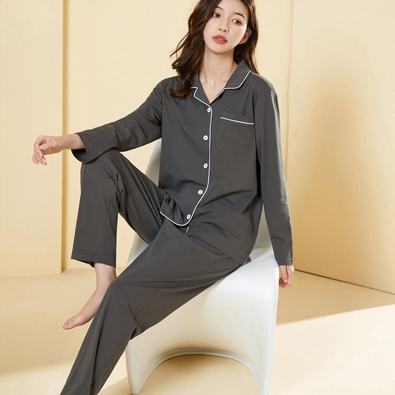 Damen-Schlafanzug-Set aus Baumwolle für Frühling und Herbst, lockere, lässige Hauskleidung, einfarbige, langärmelige Hose, zweiteilige Loungewear 2XL grau von Joom DACH