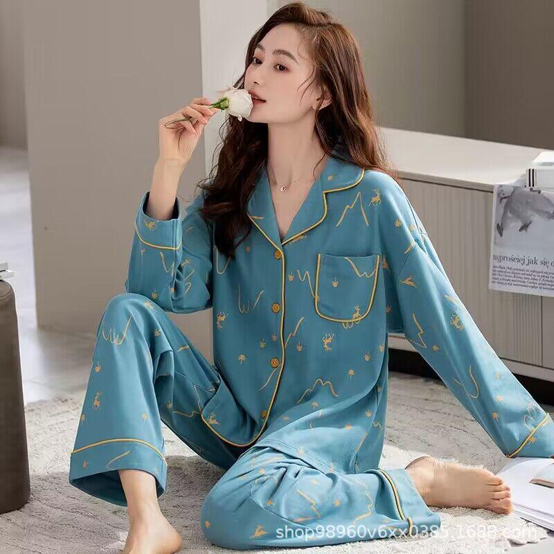 Damen-Schlafanzug aus 100 % Baumwolle, langärmelig, für mittleres und älteres Alter, lockere Strickjacke für Herbst/Winter XXXL von Joom DACH