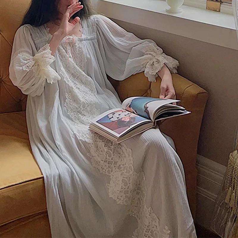 Damen-Schlafanzug aus reiner Baumwolle, französischer Feen-Schlafanzug, Nachthemd, Retro-Prinzessin, lockerer langärmeliger Frühlings- und Herbst-Schlafanzug L blau von Joom DACH