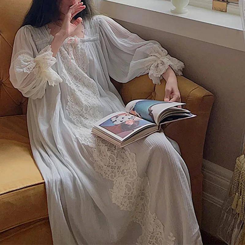 Damen-Schlafanzug aus reiner Baumwolle, französischer Feen-Schlafanzug, Nachthemd, Retro-Prinzessin, lockerer langärmeliger Frühlings- und Herbst-Schlafanzug XL blau von Joom DACH