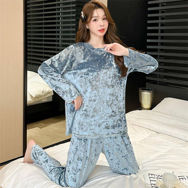 Damen-Schlafanzug für Herbst und Winter, große Größe, Samt, warm, lässig, bequem, locker, langärmelig, Rundhalsausschnitt 5XL blau von Joom DACH