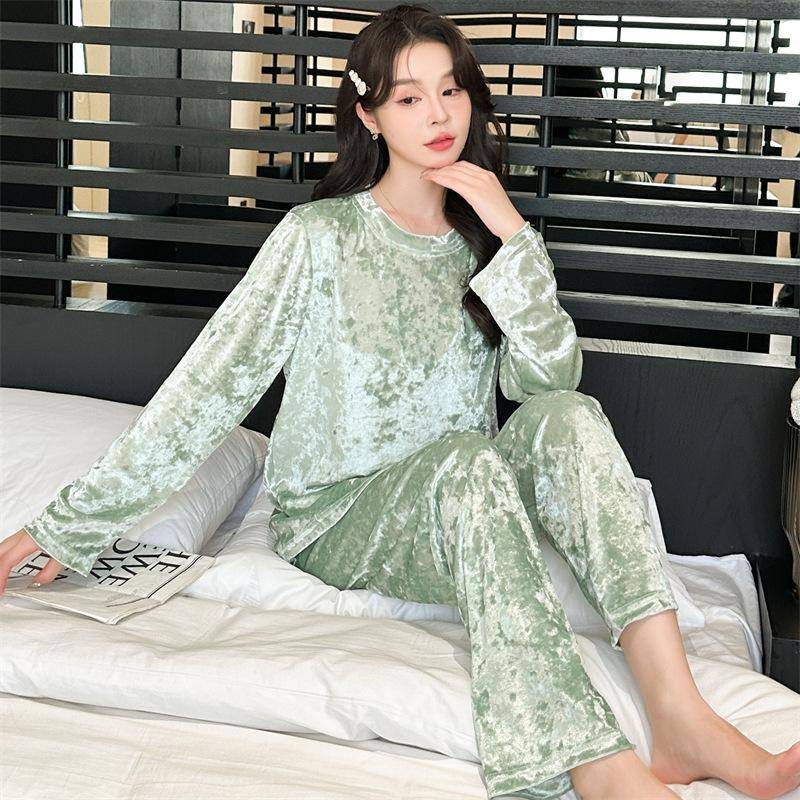 Damen-Schlafanzug für Herbst und Winter, große Größe, Samt, warm, lässig, bequem, locker, langärmelig, Rundhalsausschnitt 5XL grün von Joom DACH