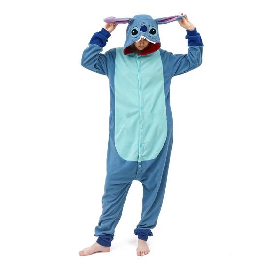 Damen-Schlafanzug mit Cartoon-Figuren, dicker Polarfleece, Knopfverschluss, tiefer Schritt, lange Ärmel, Kapuze mit Ohrendekor, Winter-Nachtwäsche, Party-Cosplay-Outfit S von Joom DACH