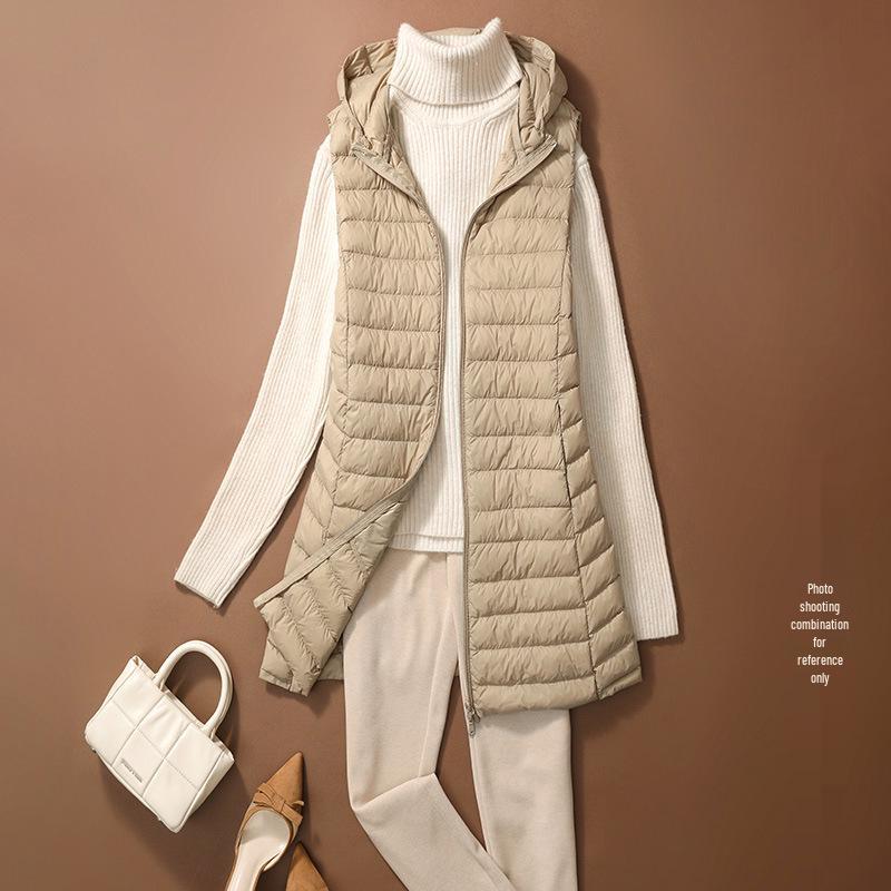 Damen Schlankmachende Leichte Daunenweste, Mittellange Sportjacke & Mütze für Herbst/Winter - Übergröße Verfügbar M khaki von Joom DACH