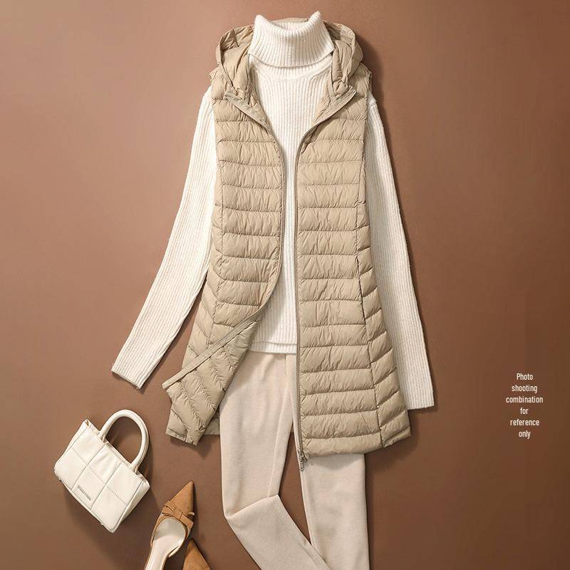 Damen Schlankmachende Leichte Daunenweste, Mittellange Sportjacke & Mütze für Herbst/Winter - Übergröße Verfügbar M khaki von Joom DACH