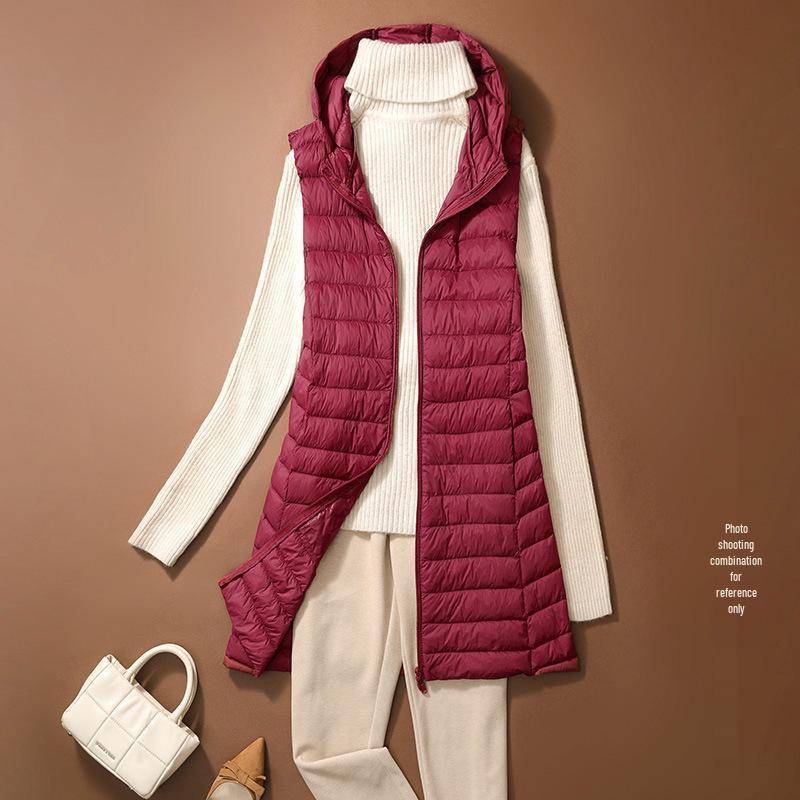 Damen Schlankmachende Leichte Daunenweste, Mittellange Sportjacke & Mütze für Herbst/Winter - Übergröße Verfügbar M bordeaux von Joom DACH