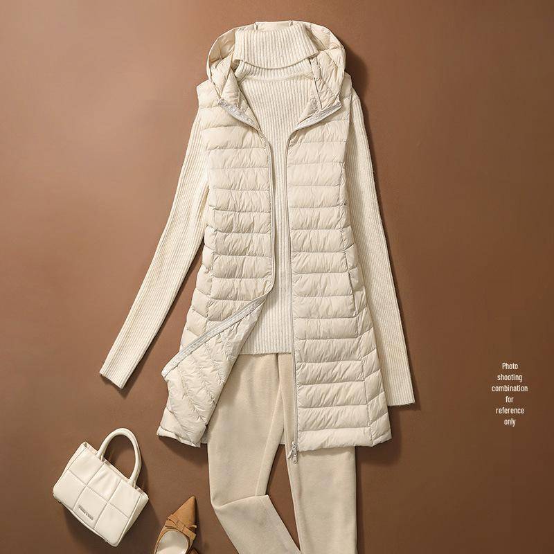 Damen Schlankmachende Leichte Daunenweste, Mittellange Sportjacke & Mütze für Herbst/Winter - Übergröße Verfügbar XXL beige von Joom DACH